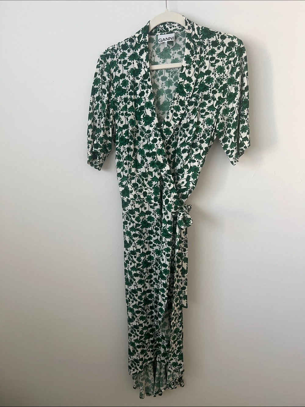 Ganni White and Green Floral Wrap Dress